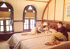 Bedroom of a luxury houseboat.